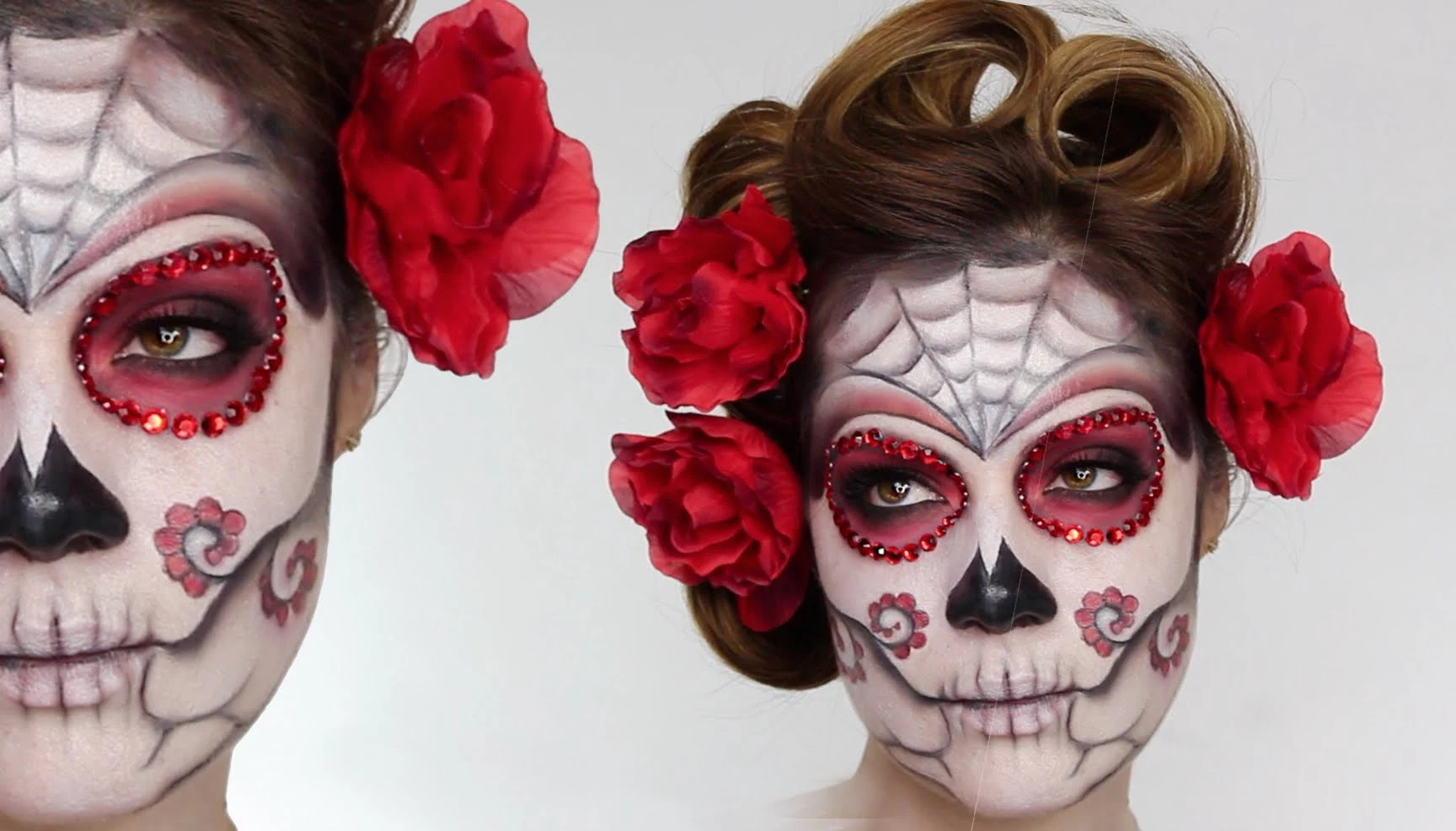 skeleton face paint, two images showing a woman's face, decorated with white, black and red paint, and red rhinestones, sugar skull costume, curled brunette hair, with red flowers