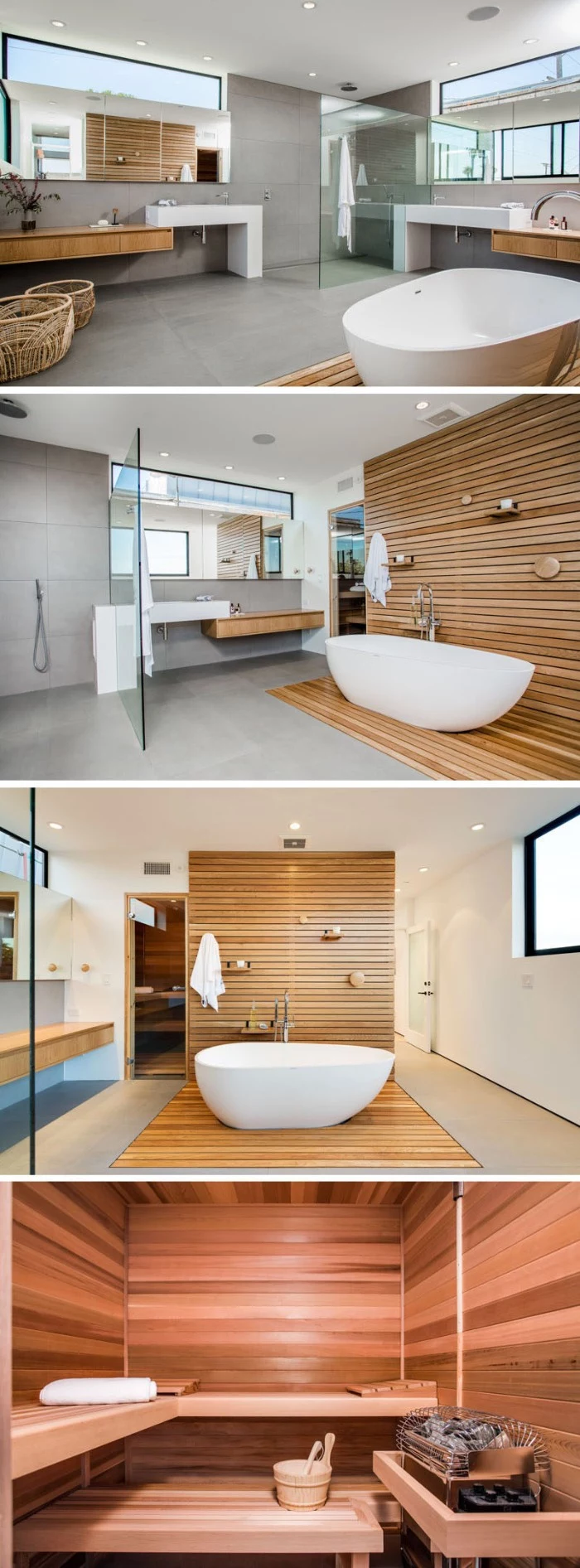 four images showing bathroom interiors, grey floor and walls, wooden details and a bathtub, a photo of a sauna, bath remodel ideas
