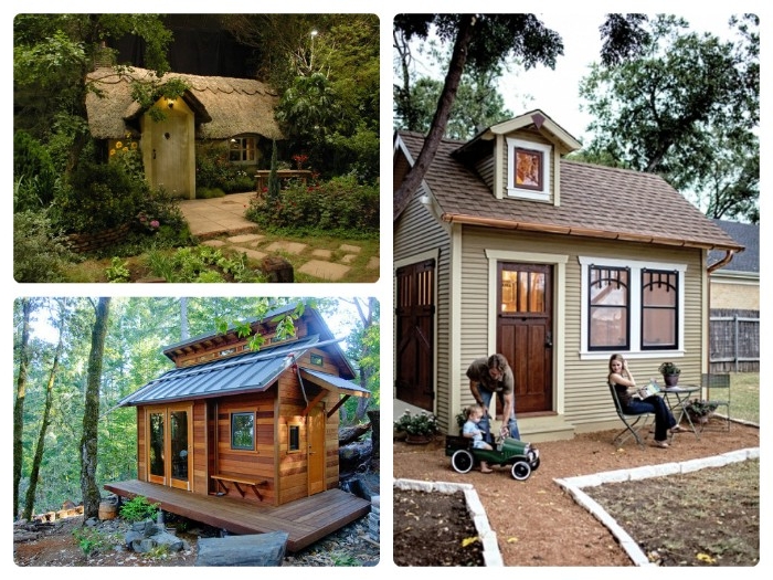 different shed styles, family in front of a small house, with a tiled roof, a cottage-like shed, a wooden forest hut, she shed ideas