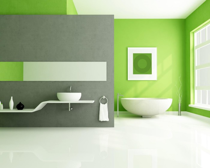 minimalistic spacious bathroom, with light green and medium grey walls, best bathroom paint colors, smooth white floor, and a bowl-like bathtub, best bathroom paint colors, modern sink and shelf, a large window