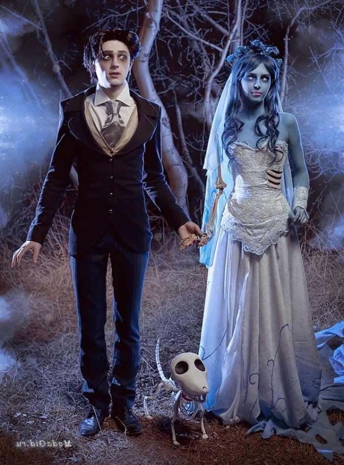 detailed outfits and makeup, inspired by tim burton's the corpse bride, cute couple halloween costumes, man in a smart suit, woman with skin painted blue, wearing a wedding gown