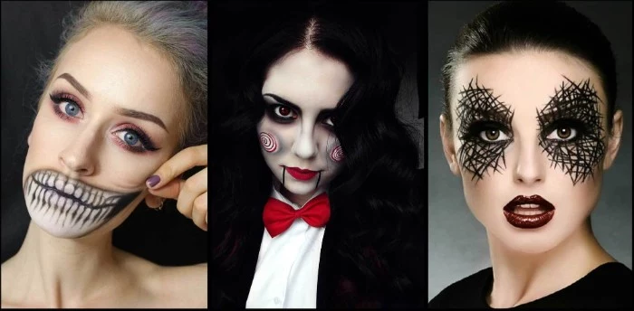 three examples of halloween costumes, witch face paint, the guy from saw, young woman with skeleton jaw