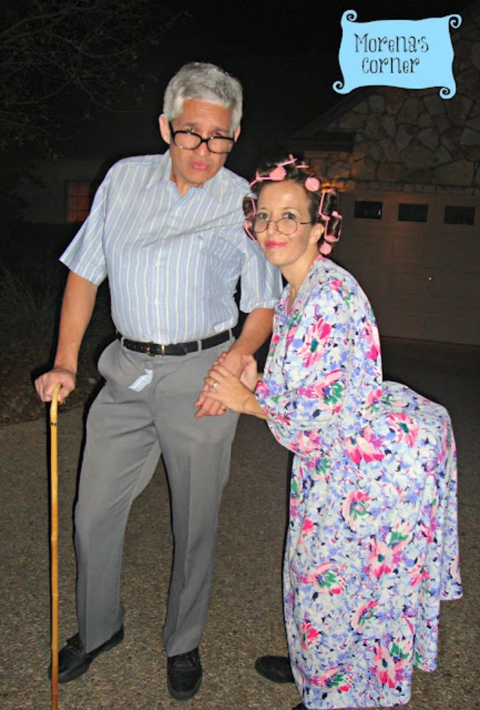 old man and woman outfits, funny couple halloween costumes, grey trousers and a short-sleeved shirt, floral maxi dress and hair rollers