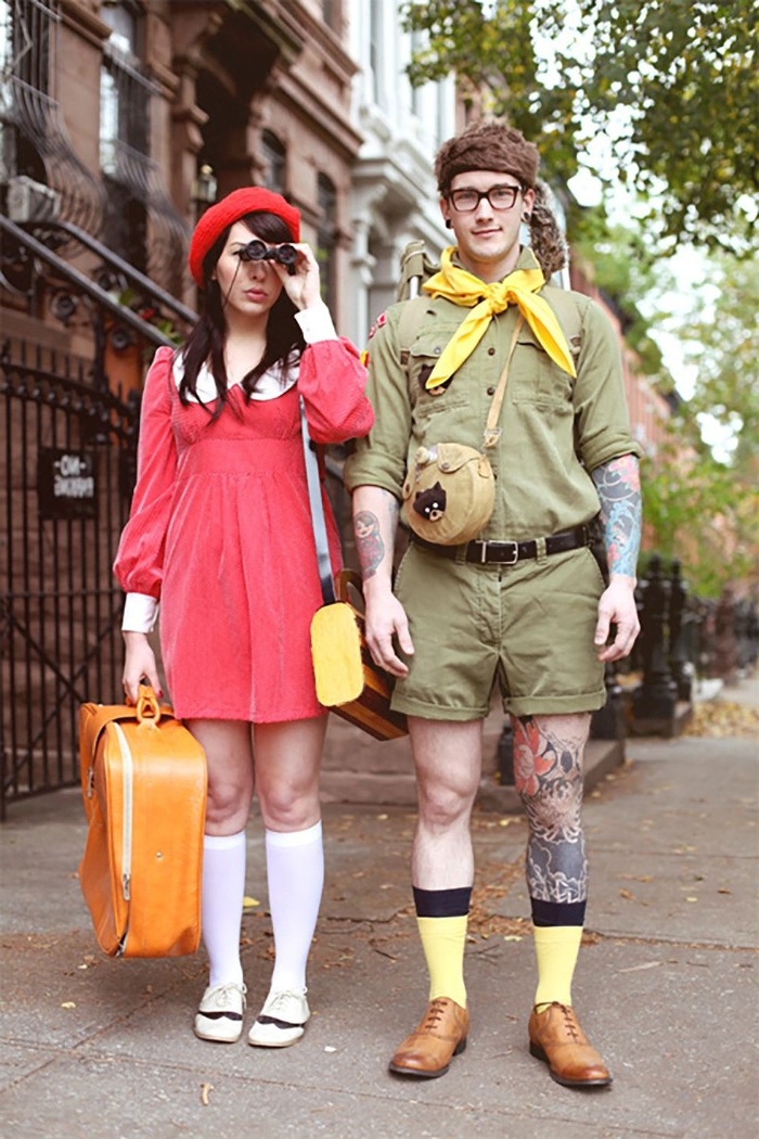 costumes inspired by wes anderson's moonrise kingdom, khaki green guide uniform, worn with a yellow necktie, coral red mini dress, with knee socks and a red baret, dynamic duo ideas, sam and suzy