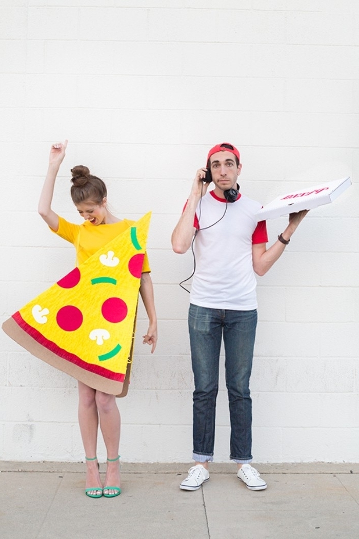 couples halloween costumes, man dressed as a pizza delivery guy, and a woman, dressed like a slice of pizza