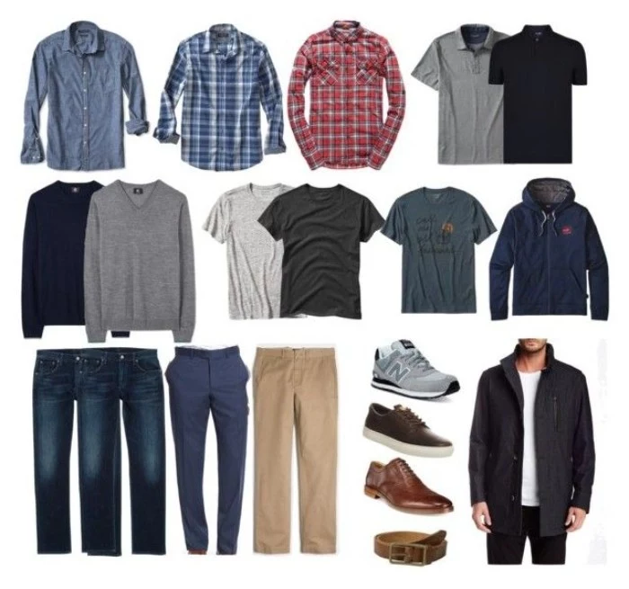 minimalistic capsule wardrobe men, shirts and jumpers, t-shirts and a hoodie, trousers and jeans, shoes and accessories