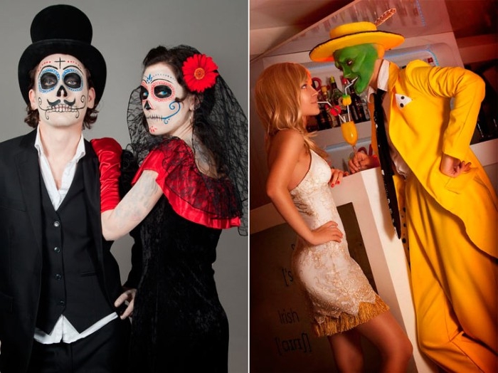 two images side by side, showing cute couple halloween costumes, the mask and tina, a bride and groom, with dia de los muertos make up