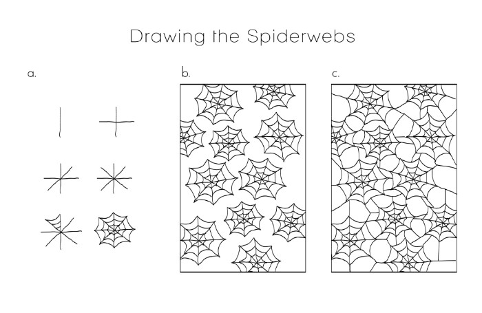 how to draw a cobweb pattern, for a tablecloth, halloween decorations, three drawings showing the step by step process