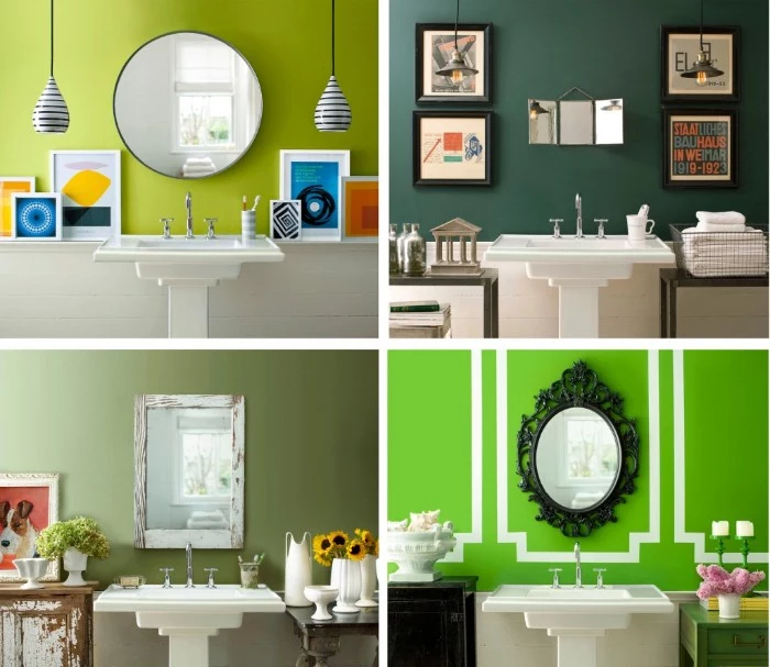 four images of bathroom walls, painted in different shades of green, lime and pine green, sage and grass green, best bathroom paint colors