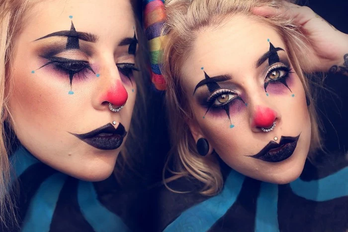 purple eye shadow, with black and blue details, black lipstick and a red nose, clown face paint, worn by a blonde woman