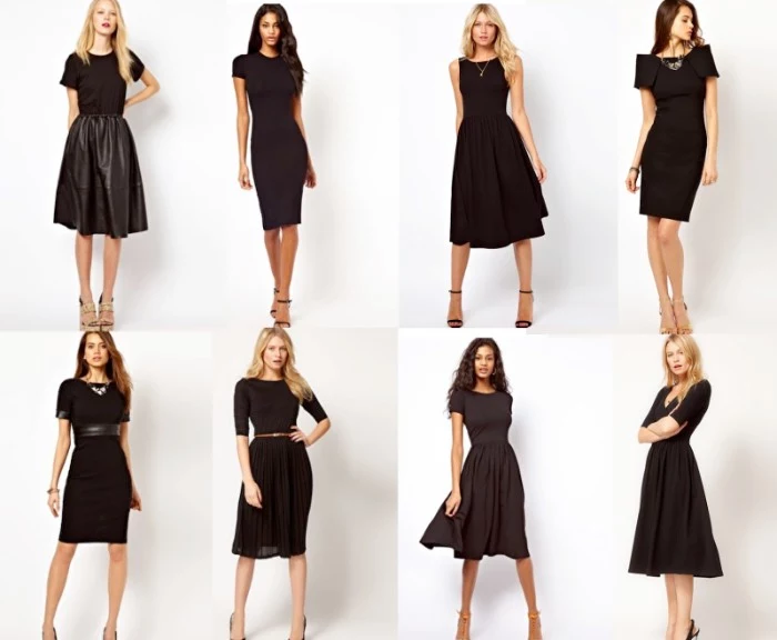 little black dresses, eight different models, worn by young, slim blonde and brunette women, capsule wardrobe essentials