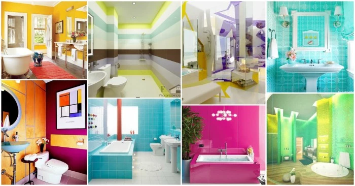 picture collage with eight colorful images, showing ideas for big, and small bathroom paint colors, turquoise and white, different shades of green, fuchsia and teal, and others