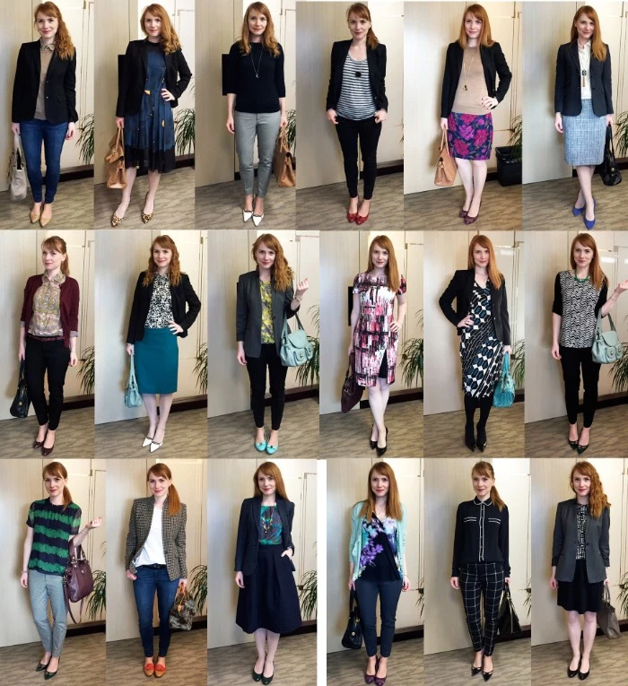 mix and match, capsule wardrobe planner, with eighteen different outfits, demonstrated by a young woman, with copper red hair