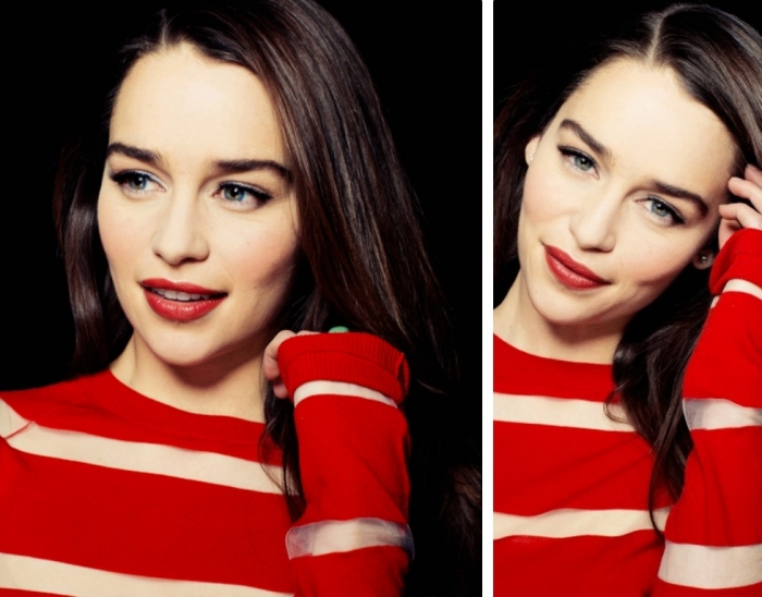 striped red sweater, worn by emilia clarke, dark brunette hair, holiday makeup 2017, red lipstick and black eyeliner