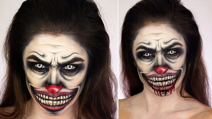 bad clown face paint, with a big evil smile, yellow teeth and a red nose, lots of wrinkles and pale blue eyes, worn by a brunette woman