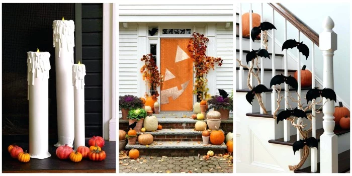 collage with three images, showing examples of haunted house decorations, three white candles, decorated with tiny pumpkins, a front door, painted to look like a jack-o-lantern, a staircase decorated with pumpkins, and a dried branch with small, black bat shapes