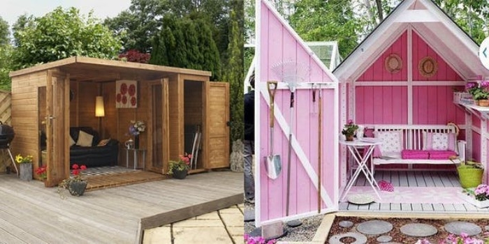 bubblegum pink shed, with open doors, revealing a bench with cushions, and various tools inside, she shed images, next image shows a small, simple wooden shed