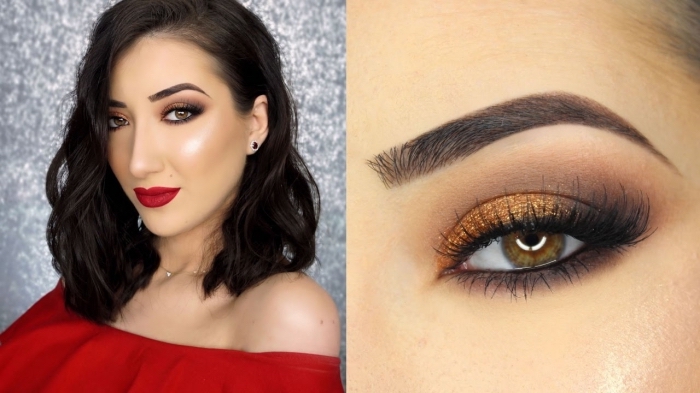 off-the-shoulder top in red, worn by a smiling woman, with wavy black hair, red lipstick and eye shadow in rey and gold, christmas eye makeup, with smokey effect, and fake eye lashes