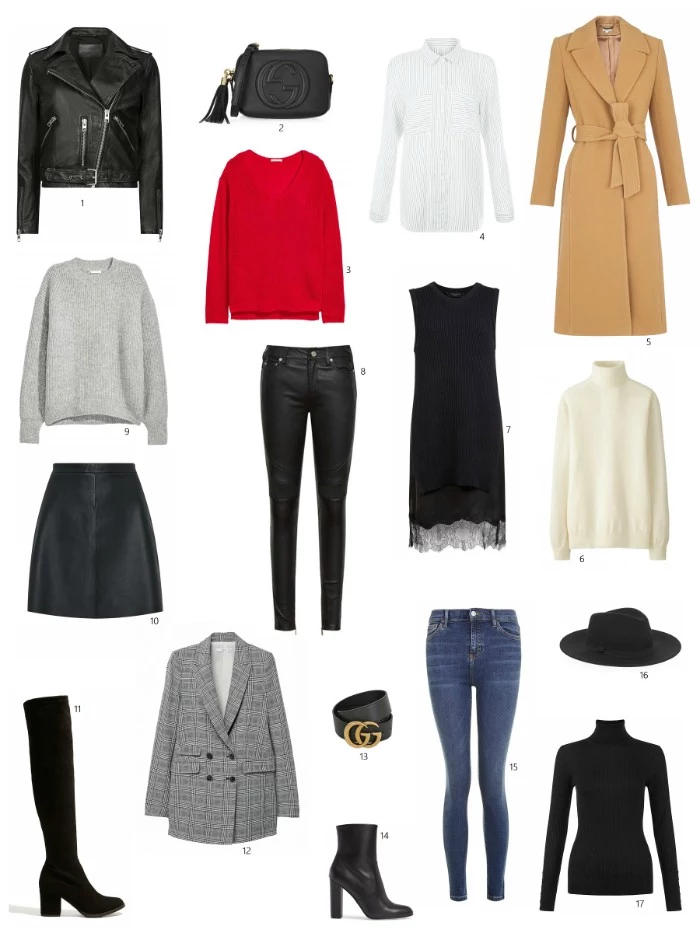 seventeen items of clothing, for a capsule wardrobe, little black dress, skinny blue jeans, black over the knee boots, leather biker jacket and others