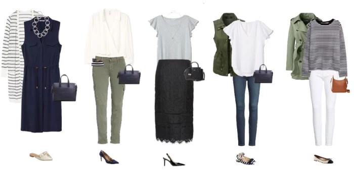 office capsule outfits, dark navy sleeveless midi dress, long striped cardigan, trousers and a white blouse, black skirt and a grey t-shirt, and others