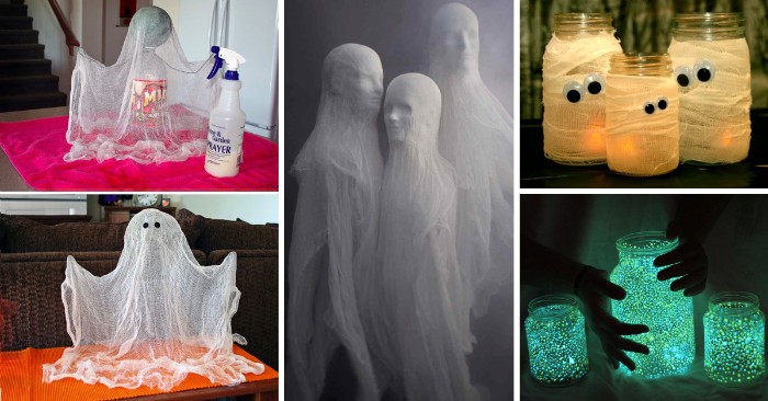 scary halloween decorations ideas, ghost made from gauze, a plastc bottle and glue, mummy candle holders, glow-in-the-dark mason jars, ghosts made from mannequins' heads, and white see through fabric