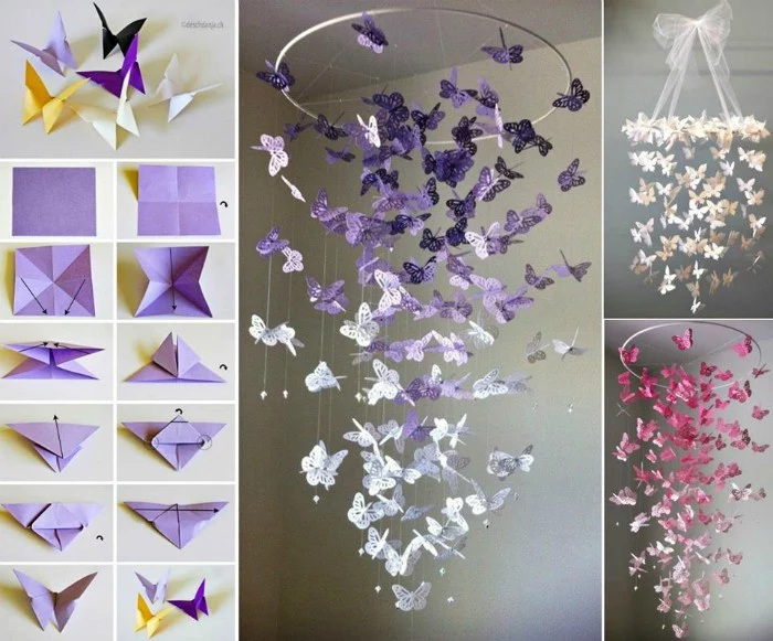 step by step tutorial, for making origami butterflies, and images of ceiling decorations, with paper butterflies in different colors
