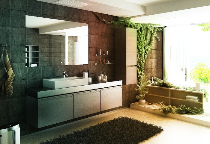 plants of different kinds, decorating a spacious room, with pale cream floor, and dark grey tiled walls, spa like bathrooms, fluffy dark grey rug