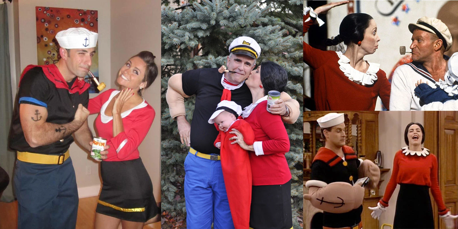 several couples dressed like popeye and olive oyl, cute couple halloween costumes, sailor outfits and hats, red jumpers and blakc skirts