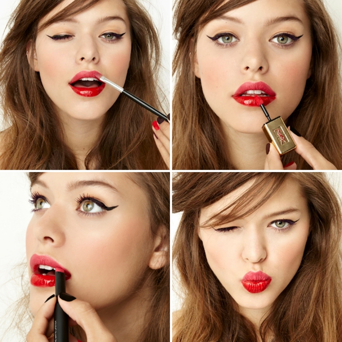 winking young woman, with messy brunette hair, wearing black eyeliner, and putting on pink and red lipstick, holiday makeup, tutorial in four images