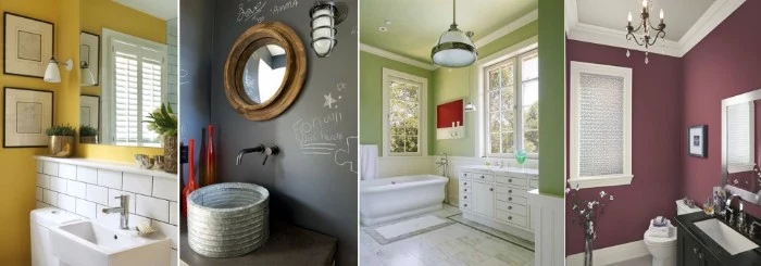 collage with four images, showing bathrooms in different colors, yellow with subway tiles, dark grey with white chalk details, best paint for bathrooms, pale green and maroon