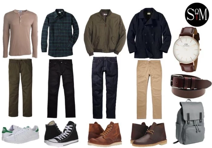 casual capsule wardrobe men, four pairs of trousers, jumper and flannel shirt, jacket and coat, four pairs of shoes, backpack and accessories
