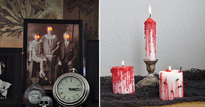 antique black and white photo, of a family with glowing eyes, scary halloween decorations, next image shows three candles, painted with blood-like red paint, and stabbed with nails