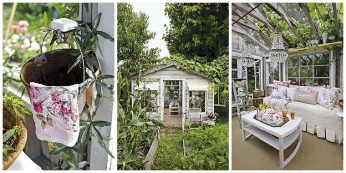 bucket with a floral towel, hanging inside a bright, orangery-style wooden shed, containing an off-white sofa, covered in cushions