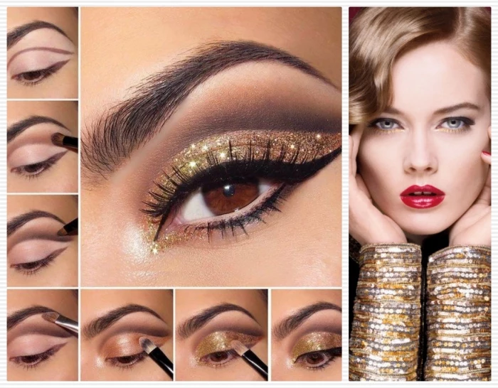 seven images showing how to apply eye makeup, sparkly gold eyeshadow, black eyeliner and faux lashes, holiday makeup, next image shows a brunette woman, with red lipstick, and gold and silver sleeves