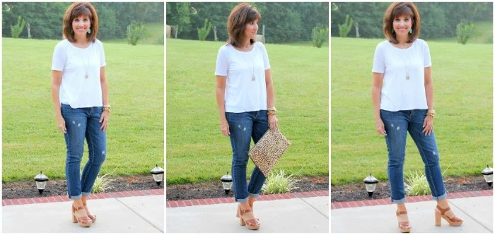 classic combination of blue jeans, and a plain white t-shirt, worn with beige high heeled sandals, by a smiling brunette woman, seen in three images