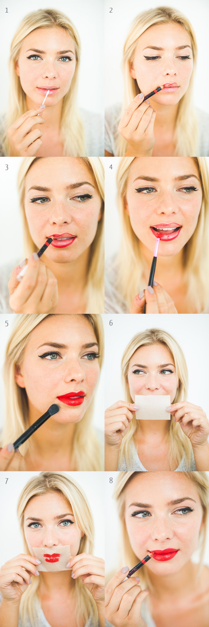 eight photos explaining how to apply red lipstick, holiday makeup, slim blonde woman, with balck eyeliner, applying cream on her lips, outlining them with a pencil, and putting on red lipstick