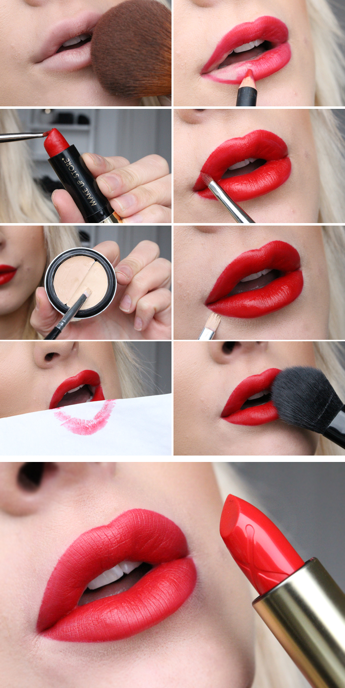nine images explaining how to put on red lipstick, holiday makeup, applying powder with brush, outlining the lips with red pencil, putting the lipstick on with a small brush