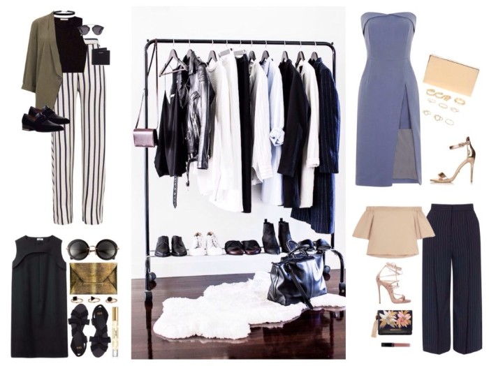 four different outfits, striped trousers with a crop top, blue formal dress, flared trousers with a pale pink top, a line dress, capsule wardrobe planner, near an image of a clothes rack