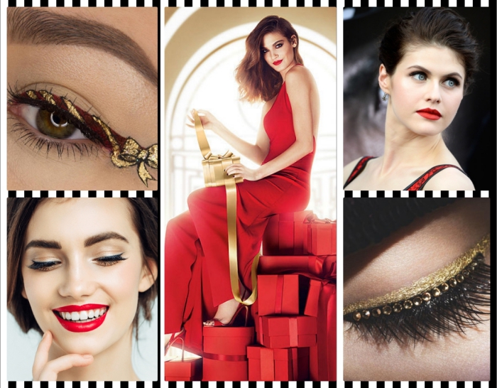 collage with five images, showing christmas makeup and outfits, present-inspired eyeliner, red lipstick and a red gown, faux lashes with rhinestones