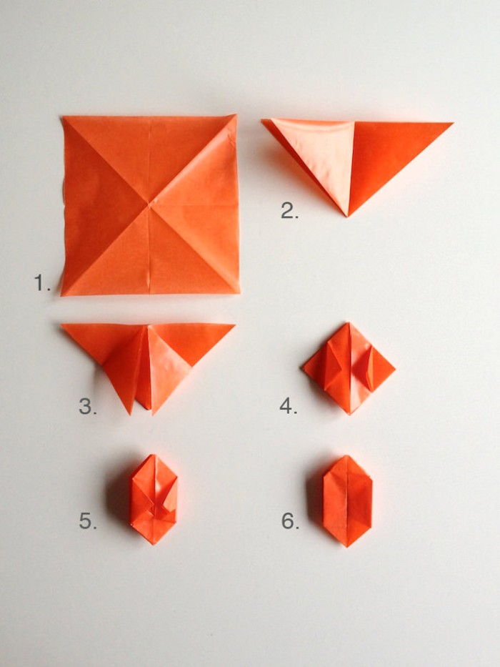 tutorial with photos, explaining how to make a pumpkin origami, glossy orange paper, folded in six steps
