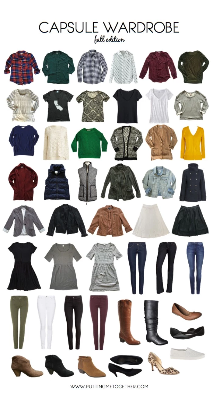assortment of capsule wardrobe essentials, for fall and winter, flannel shirts in different colors, jumpers and patterned tees, trousers and jeans, skirts and dresses, several pairs of shoes