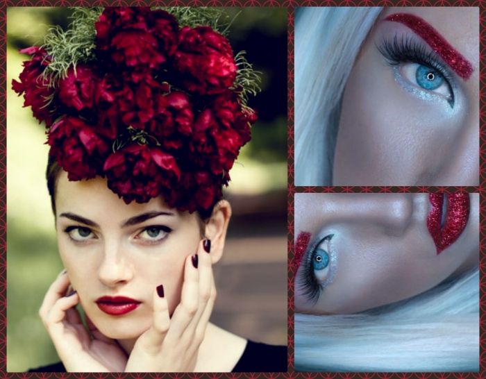 floral ornament in dark red, and pale green, on the head of a pale young woman, with red lipstick, christmas makeup ideas, two images showing close ups, of a platinum blonde woman, with glittering red lips and eyebrows, and faux lashes