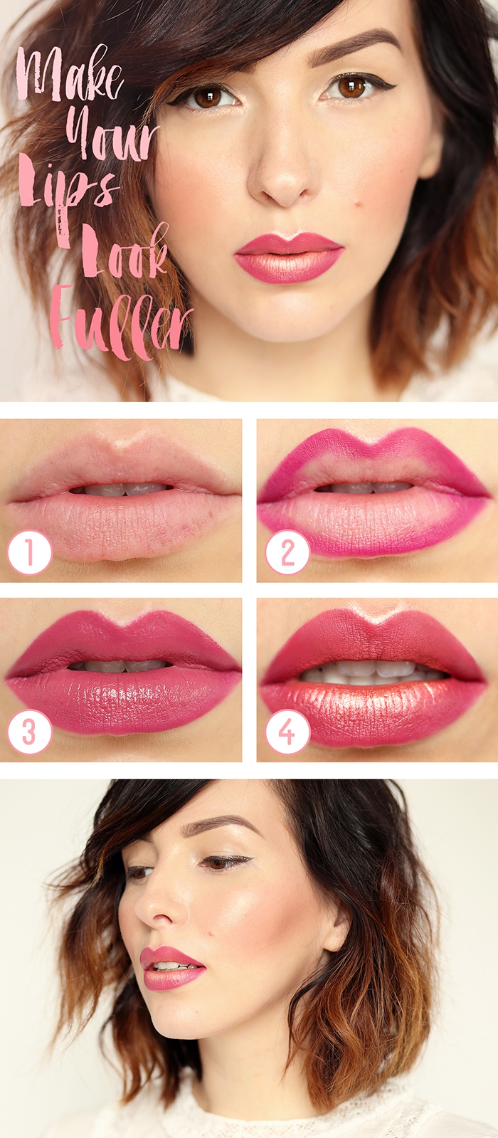 advice on applying pink lipstick, for fuller-looking lips, demonstrated in six photos, by a brunette woman, with ombre hair