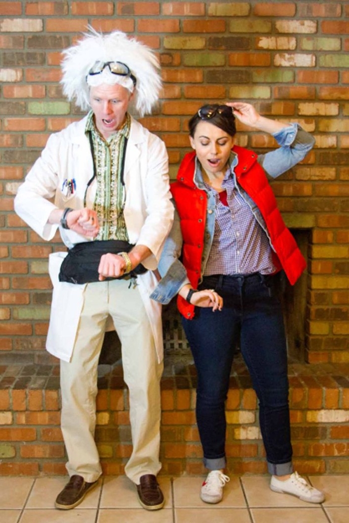 back to the future, funny couple halloween costumes, young woman dressed like marty mcfly, man dressed like the professor