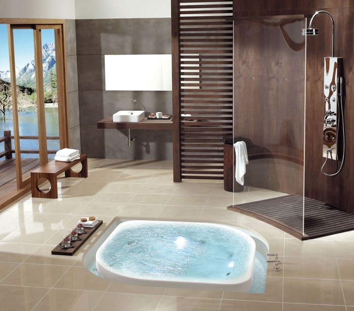 chocolate brown walls, inside a room, with pale beige tiled floor, containing an inbuilt hot tub, master bath remodel, terrace with a lake view