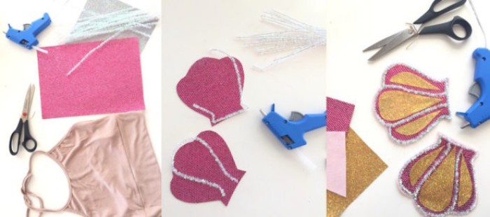 three photos explaining, how to make a mermaid costume top, felt and pipe cleaners, a pastel pink top, gluegun and scissors, couple costume ideas
