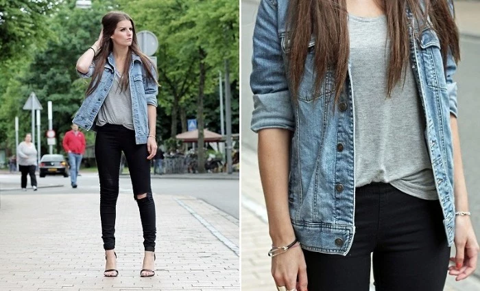 two images showing a young, slim brunette woman, wearing ripped black skinny jeans, a grey t-shirt, and a denim jacket, capsule wardrobe, seen in close up, and in a medium shot