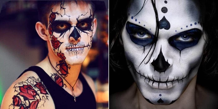 guys wearing two different versions, of the sugar skull makeup, face paint inspired by dia de los muertos, black and white and blue, and white and black with roses