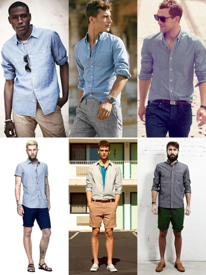 six men wearing pale blue shirts, combined with shorts, trousers and jeans, capsule wardrobe men