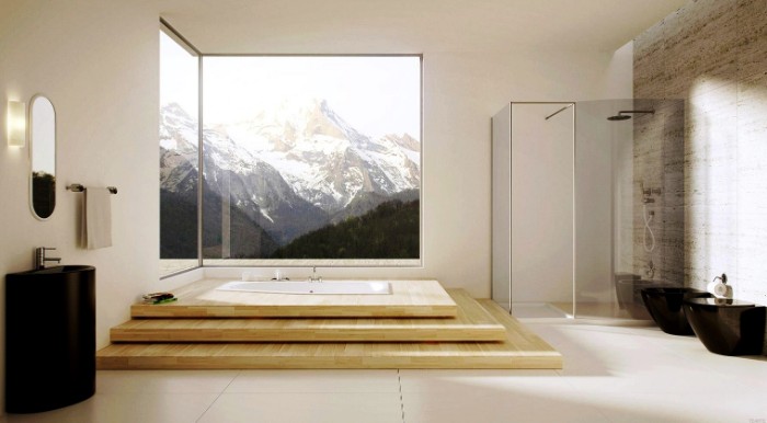 elevated bathtub with three wooden steps, inside a spacious room, with a large window, and a glass shower cabin, snowy mountain view, bathroom picture ideas